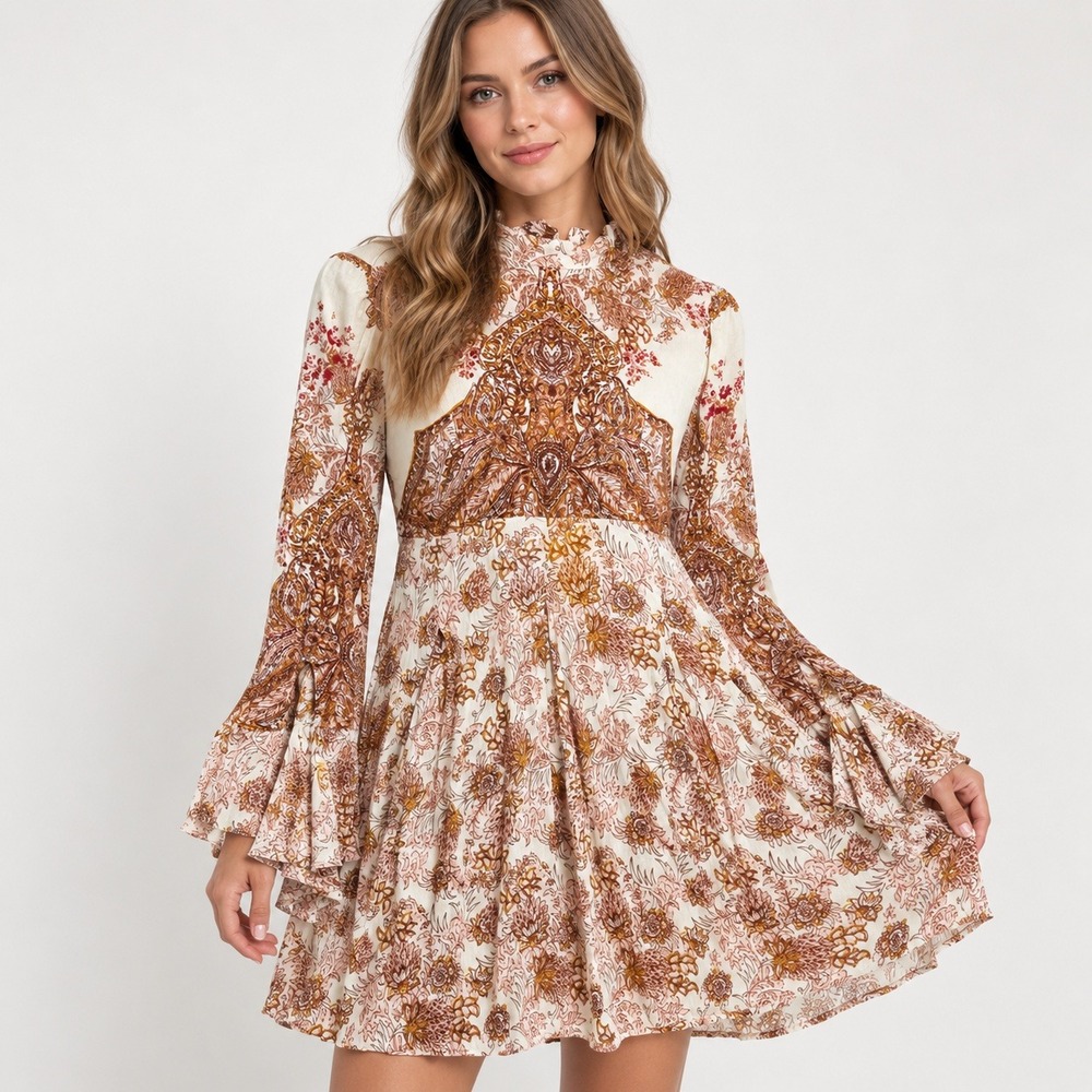 Free People Paisley Print Boho Mini Dress Cream Orange Brown Long Sleeve Ruffle